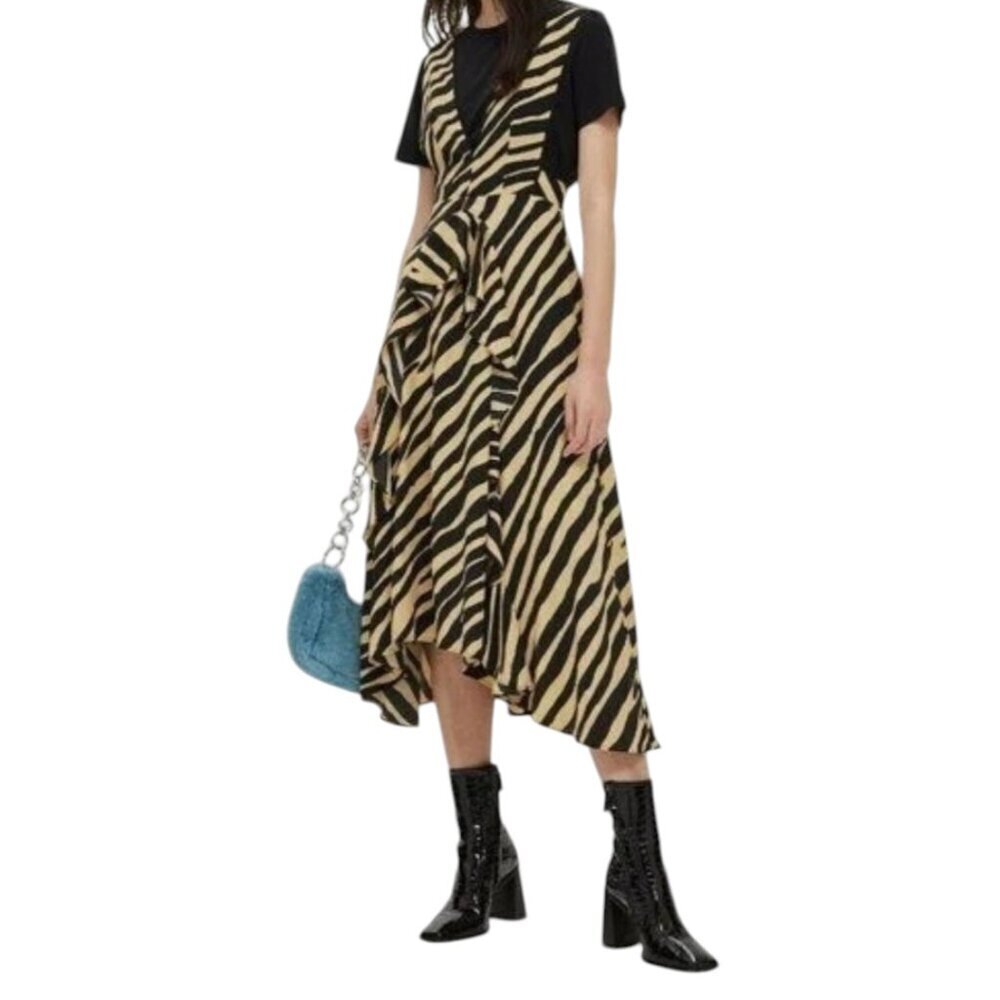 TOPSHOP Midi Dress Zebra Print Striped Pinafore V Neck Dress I Size: 4